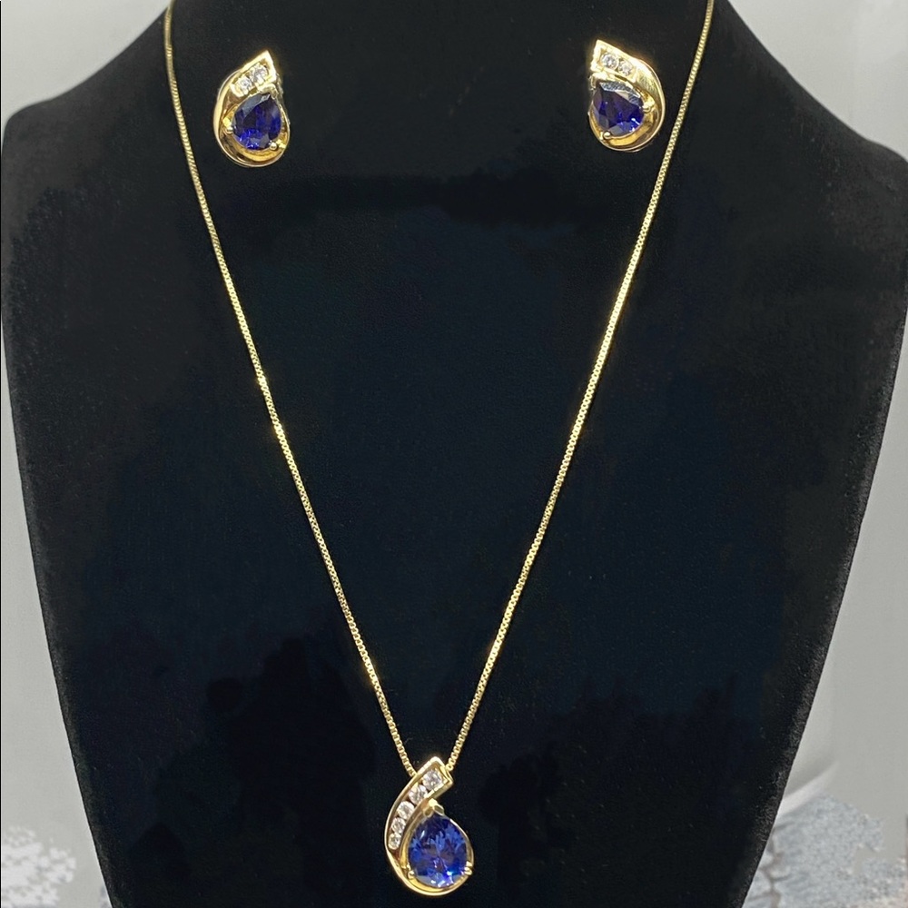 CZ Royal Blue Gem & Diamond Necklace ~ Ring ~ Earrings Set. - Picture 5 of 9